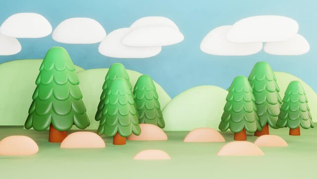 3D render of a cute cartoon forest with green trees under a cloudy sky
