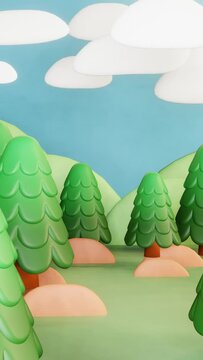 3D render of a cute cartoon forest with green trees under a cloudy sky