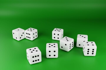 Closeup shot of white playing dice on a green background