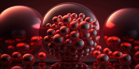 Background of bubbles in red gel. Small bubbles rising in a beaker of liquid.