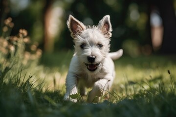 Naklejka na ściany i meble A tiny puppy is running about on the grass. 2019 Vienna. Generative AI