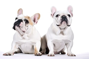 two white studio french bulldogs One French bulldog is sitting behind another reclining bulldog, looking to the side. Generative AI
