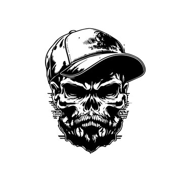 A cool and edgy Hand drawn illustration of a skull with a gangster vibe, sporting a casual hat and style. Perfect for a rebellious design