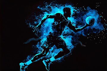 Obraz na płótnie Canvas a man basketball player dribbling the ball in blue paint