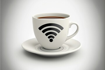 a cup of coffee sitting next to a plate with an wifi sign on it
