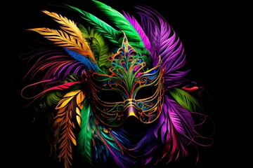 a mask made from feathers on a black background with the colors of neon