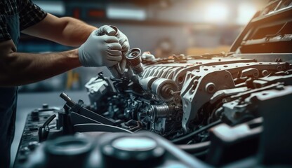 repairman hands repairing a car engine automotive workshop with a wrench, Automobile mechanic car service and maintenance, Repair service	