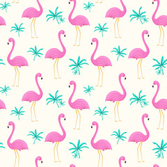 Summer seamless pattern of flamingo and tropical leaves. Vector background