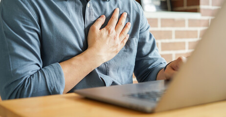close up man hand gesture about please sign language to teaching or learning from webinar in home for lifestyle concept