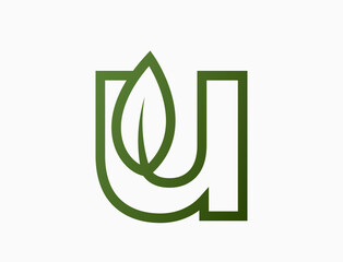 small line letter u with leaf. creative eco logo. eco friendly and environment symbol. isolated vector image - obrazy, fototapety, plakaty
