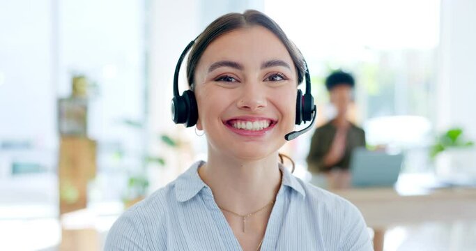 Contact us, call center portrait or happy woman speaking or talking in communications company office. Crm, friendly smile or telemarketing sales agent consulting online in telecom customer services