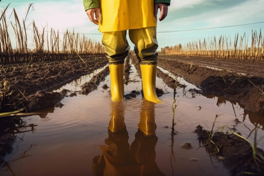 Landwirt steht auf seinem mit Wasser überfluten Feld - Generative AI