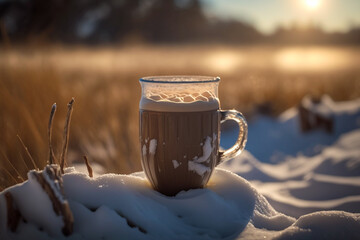 Hot chocolate drink in winter day. Generative AI.