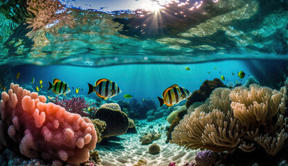 Underwater view of fish and corals on a tropical island. generate by ai