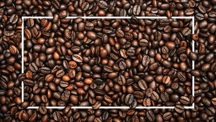 Blank white frame in the roasted coffee beans background, texture with copy space, 