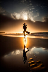 Silhouette of woman doing yoga on the beach at sunset.generate by ai