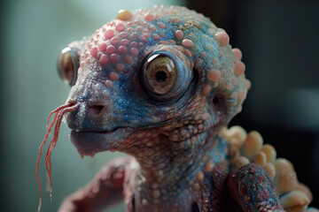 Obraz premium 3D AI Illustration: Creepy-Cute Monster, Alien Sorcerer, Forest Background. Perfect for Halloween & Valentine's Day Projects. Sci-Fi Horror, Fish, Bats & Books of Spells.