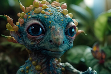 Obraz premium 3D AI Illustration: Creepy-Cute Monster, Alien Sorcerer, Forest Background. Perfect for Halloween & Valentine's Day Projects. Sci-Fi Horror, Fish, Bats & Books of Spells.