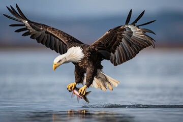 Flight of a bald eagle with a catch. Generative AI