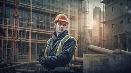 Skilled construction worker on a bustling site, equipped with tools and wearing a safety helmet. Capturing the essence of the construction industry's dynamic environment