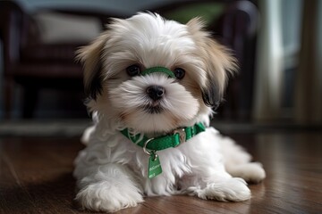 tiny white puppy wearing a green collar. Generative AI