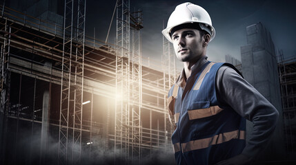 Skilled construction worker on a bustling site, equipped with tools and wearing a safety helmet. Capturing the essence of the construction industry's dynamic environment