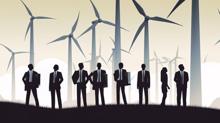 siluette of buisness people standing in front of a wind farm