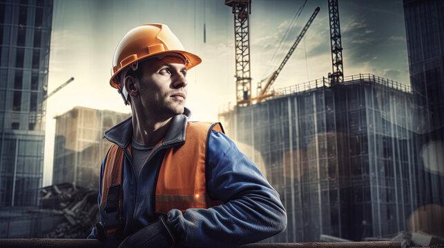 Skilled construction worker on a bustling site, equipped with tools and wearing a safety helmet. Capturing the essence of the construction industry's dynamic environment