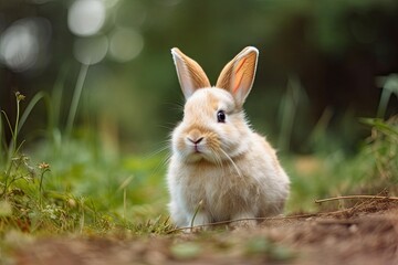 Adorable small rabbit in the springtime on the green grass with a bokeh background. Young, cute bunny having fun in the garden. Lovely pets in the park. Generative AI