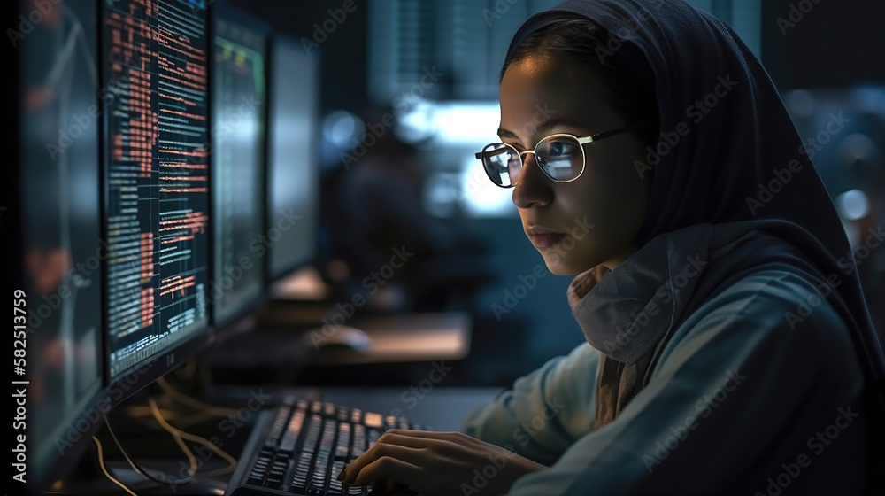 Poster a woman programmer is working on a computer in a dark room. generative ai