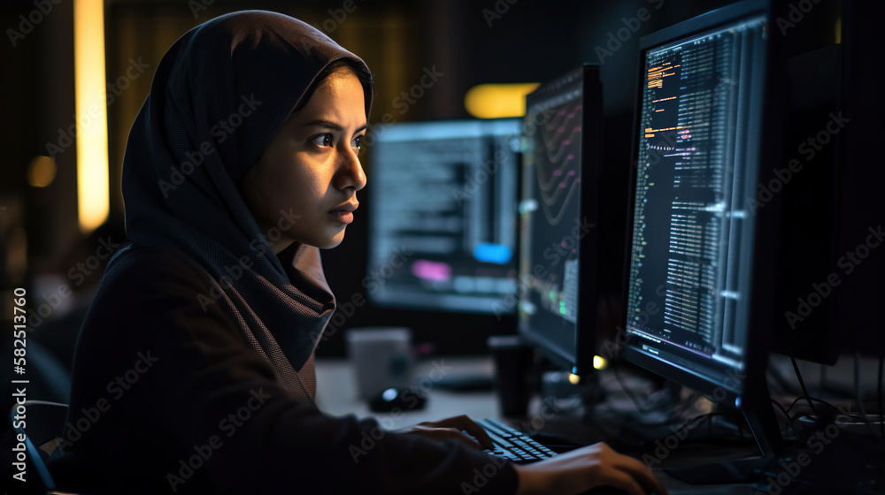 Poster a woman programmer in a hijab looks at a computer screen with code on it. generative ai