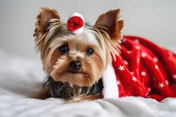 Christmas. On a white background, a Yorkshire terrier dog wearing a Santa Claus costume sits on a plush rug. Holiday ideas, presents, congrats, advertisements, postcards, posters, banners, and content