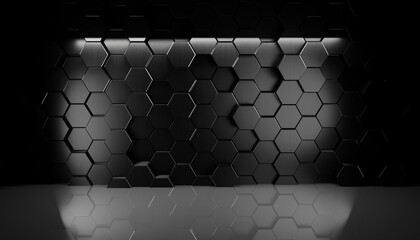 Black geometric hexagonal abstract background. Surface polygonal pattern with glowing hexagons. 3d illustration