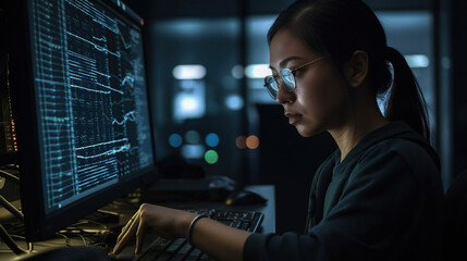 Woman programmer working on a computer in a dark room with a computer screen showing data on the screen. Generative AI