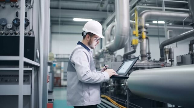 A professional worker at a modern industry uses a laptop to control automatic machines. Laptop for engineering Generative AI, Programmable Logic Controller