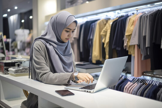 A Malay woman working on a laptop in a clothing store. Generative AI