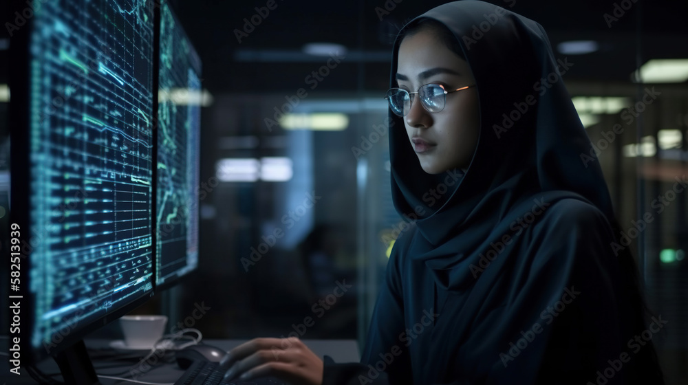 Poster a woman programmer in a hijab sits at a computer screen, looking at a code. generative ai