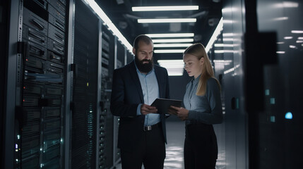 Fototapeta premium Two people in a data center looking at a tablet. Generative AI