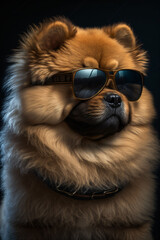 chien chowchow, portant des lunettes de soleil et des vêtements humain, illustration façon studio drôle et décalée, ia générative 3