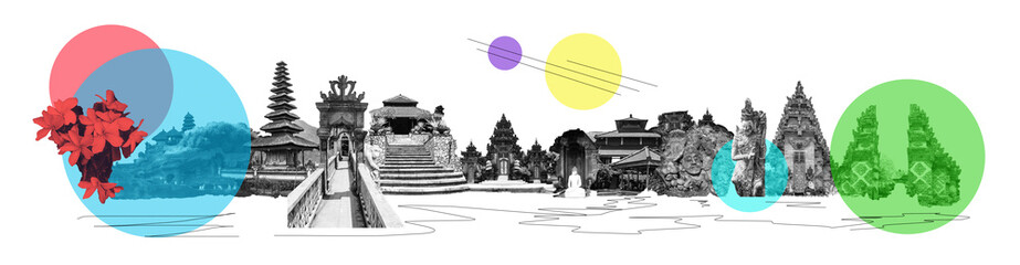 The collage on the theme of Bali, Indonesia. Tamples. Travel and vacation concept. Art design