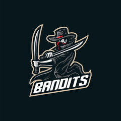Vektor desain logo maskot bandit dengan gaya konsep ilustrasi modern untuk pencetakan lencana, lambang dan kaos. Ilustrasi bandit dengan pedang di tangan