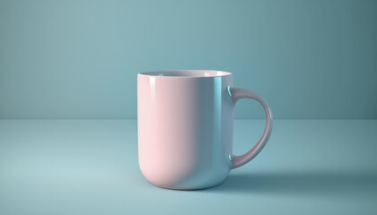Obraz premium White blank cup on light blue background. Teacup or coffee mug mockup. AI generative illustration.