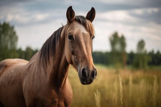 A purebred horse in a rural, Russian pasture with other animals. Generative AI