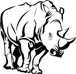 Black and White Cartoon Illustration Vector of Rhinoceros  