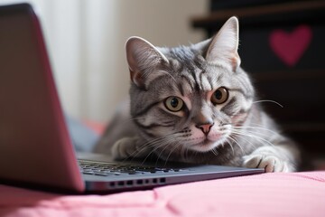 lovely gray tabby cat with a heart shaped laptop. fun animal. Background in pink. Love and Valentine's Day. selective attention. Generative AI