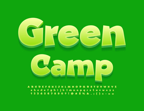 Vector Emblem Green Camp. Artistic 3D Font. Trendy Alphabet Letters and Numbers set
