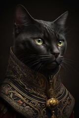 Portrait fantasy black cat, black gold clothing, generative AI