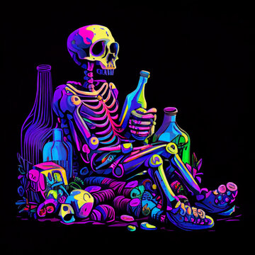 Multicolored skeleton drinking alcohol with big bottle. AI generative.