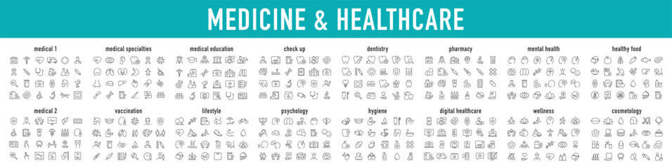 Set of 400 Medical and Healthcare web icons in line style. Medicine, check up, doctor, dentistry, pharmacy, lab, scientific discovery, collection. Vector illustration. - obrazy, fototapety, plakaty