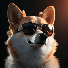 chien corgi portant des lunettes de soleil et des vêtements humain, illustration façon studio drôle et décalée, ia générative 6